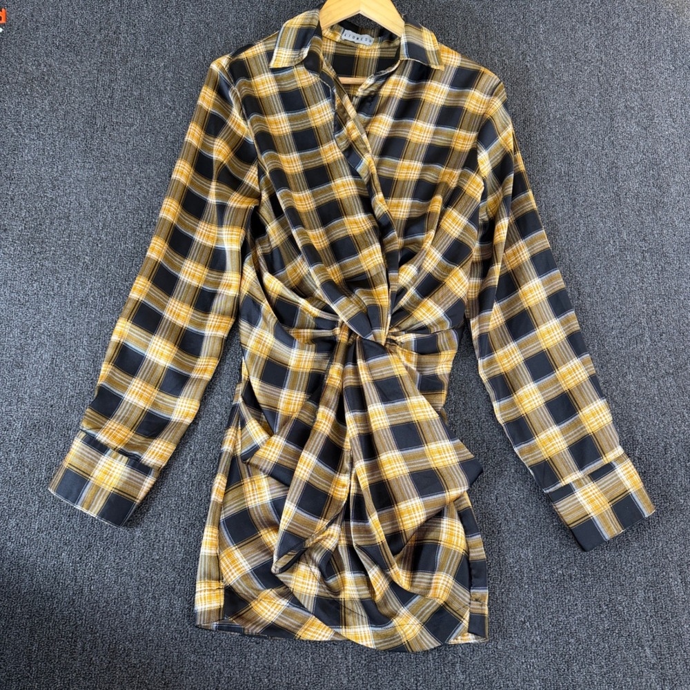 Lioness Yellow Black Plaid Twist Front Long Sleeve Mini Dress Small